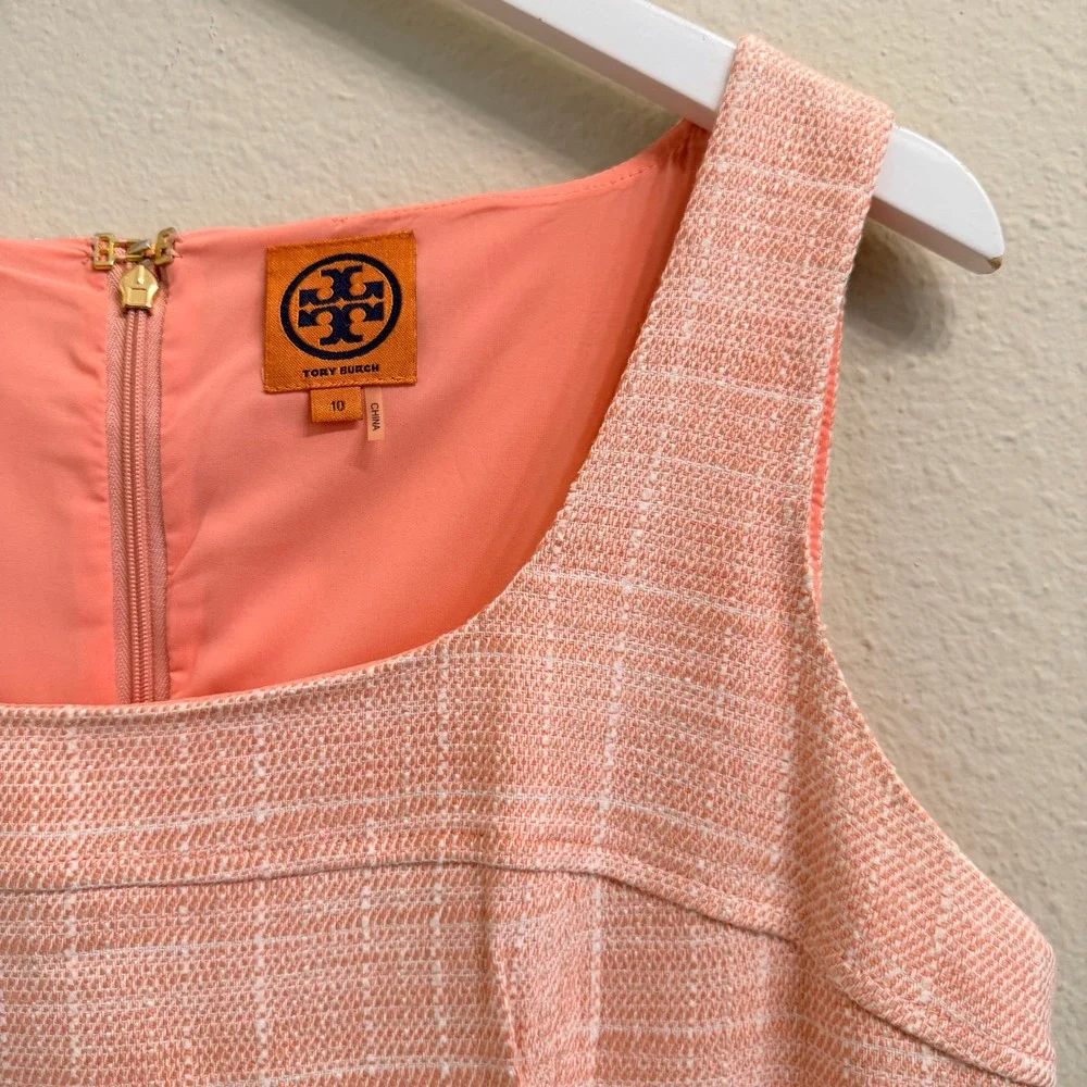Tory Burch Tweed Sheath Dress Sleeveless Square Neck Size 10 Coral Pink